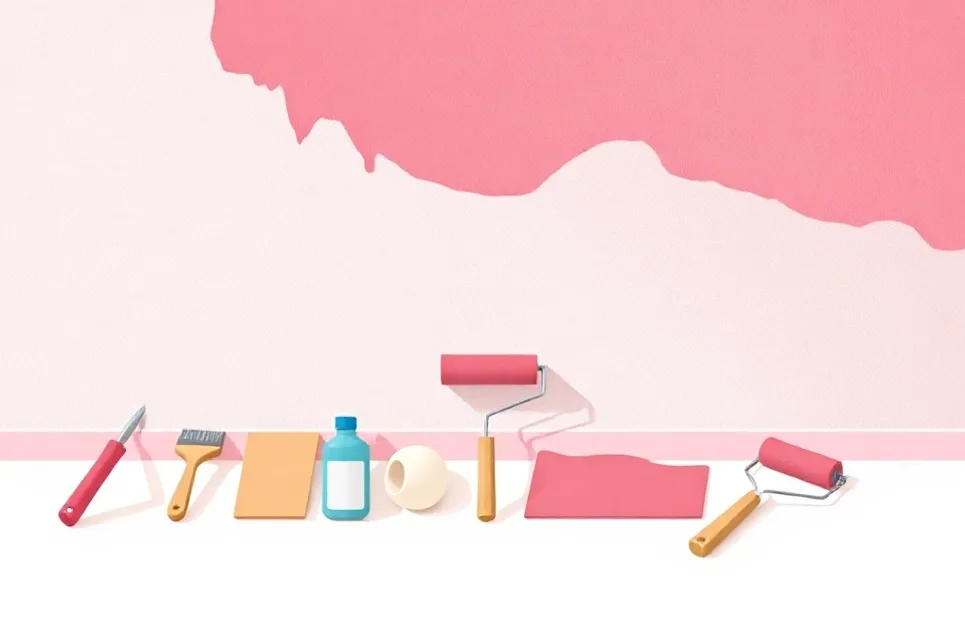 Outils de peinture disposés dans l'ordre des étapes du chantier