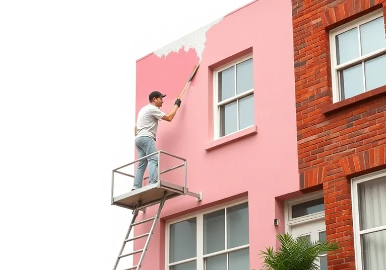 Peintre sur échafaudage traitant la façade d'une maison