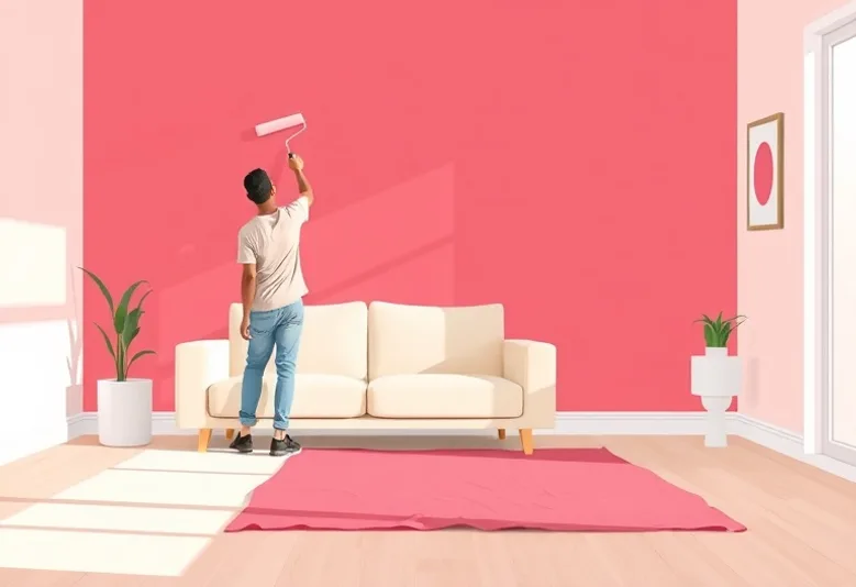 Peintre appliquant la peinture au rouleau sur un mur de salon